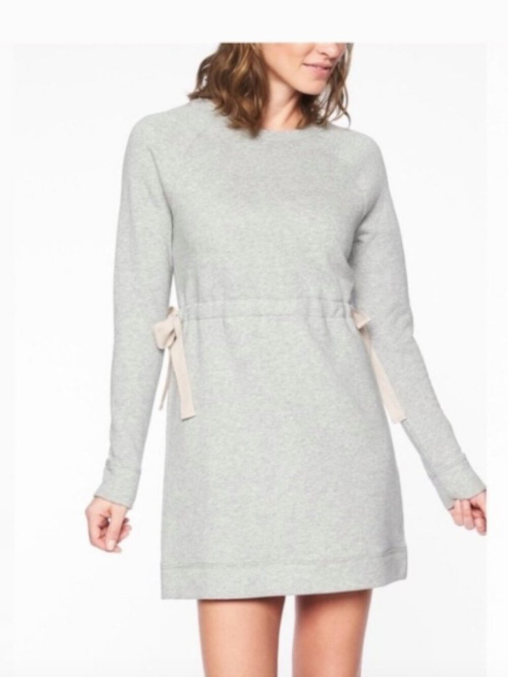 Athleta Studio Cinch Gray Sweatshirt Dress Terry tie waist Size M NWT